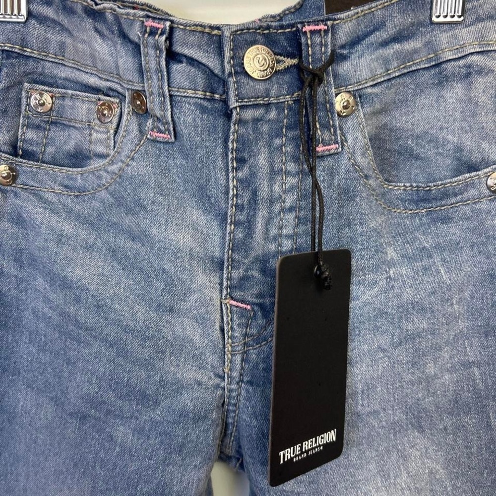 True Religion Leila Kids Blue Wide Leg Jeans Pink Rhinestone Logo Size 10 NWT - Picture 2 of 8